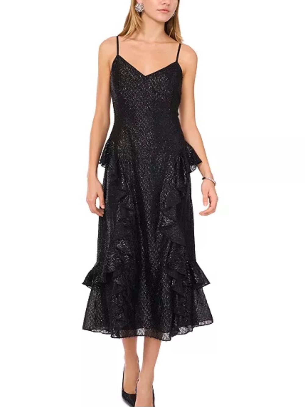 NWT 1.State Women’s Black V-Neck Sleevless Ruffle Midi Dress- Size 2